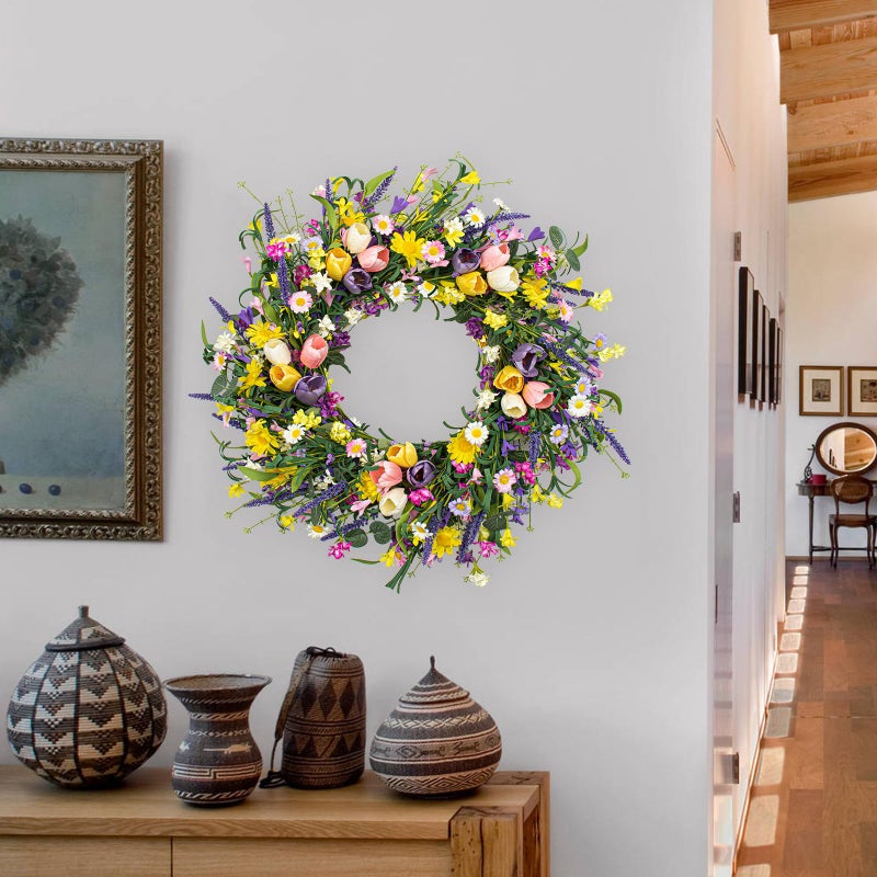 LLZLL Spring Wreath 22 inch Indoor Summer Wreaths Artificial Spring Wreaths for Front Door, Tulip Wreath with Daisy and Lavender for Home Holiday Decor - Image 3