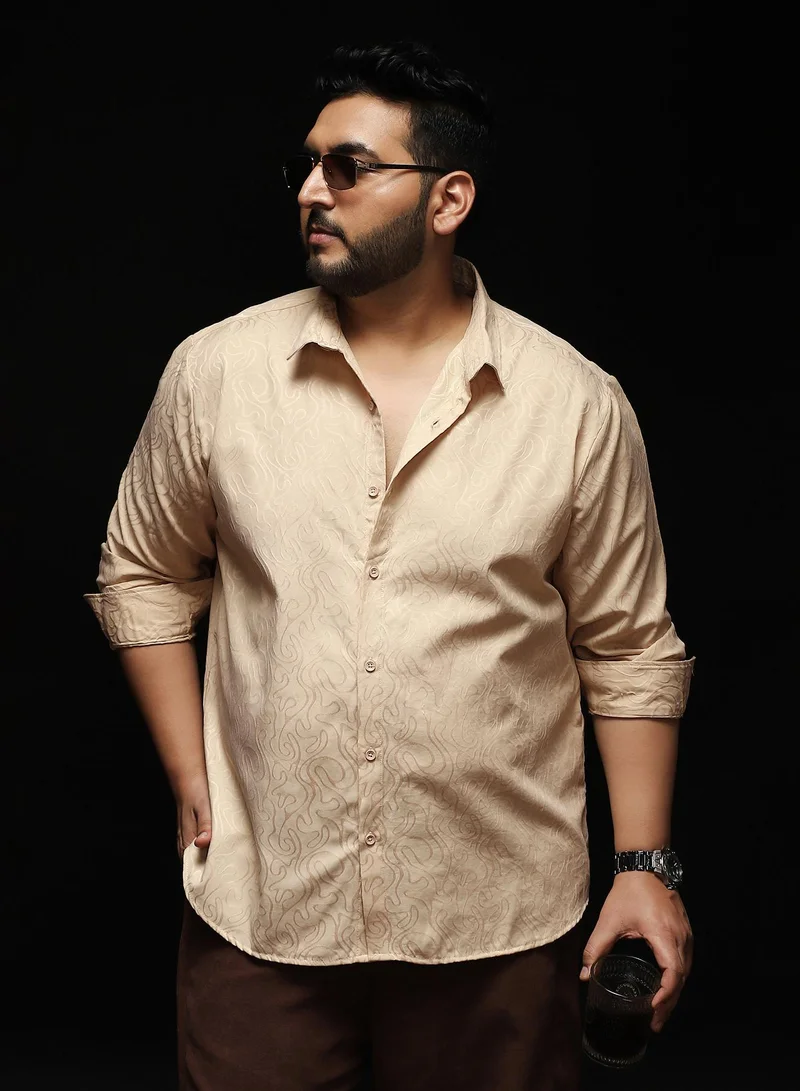 Instafab Plus Instafab Plus Men's Ecru Beige Abstract-Lined Jacquard Shirt | Spread Collar , Long Cuffed Sleeves , Button Closure , Curved Hemline | Solid Jacquard Cotton-Blend Material For Street & Casual Wear