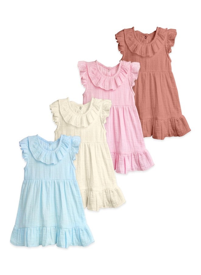 Kidbea® Baby Girls Midi/Knee Frocks | Summer Dress | New Cute Trendy Frock Made with 100% Linen Fabrics Blue, White, Pink & Rust Combo 18 to 24 Months - Image 1