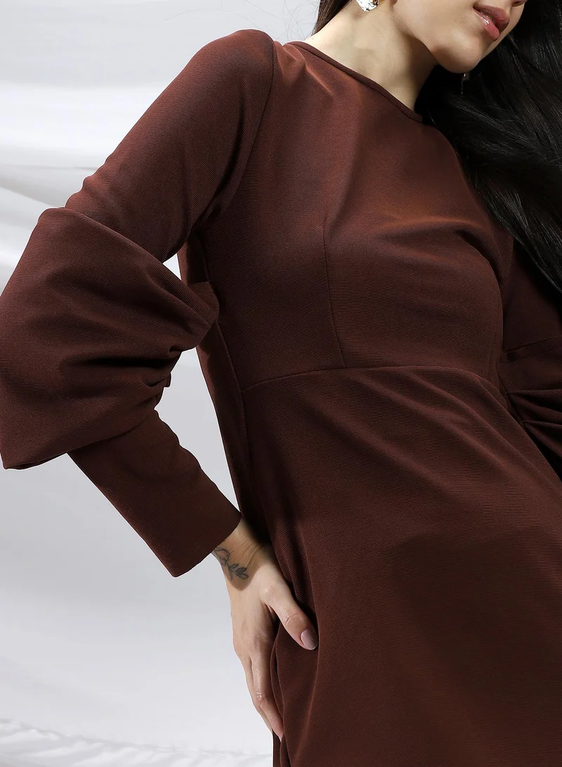 PINACOLADA Pinacolada Women's Chocolate Brown Off-Shoulder Bodycon Dress For Casual Wear | Crew Neck | Long Regular Sleeves | Zipper Closure | Dress Designed With Comfortable Fit For Woman & Girls