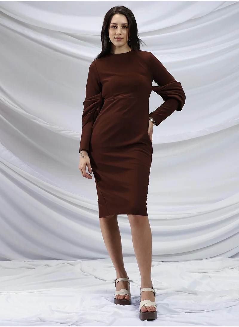 بينيا كولادا Pinacolada Women's Chocolate Brown Off-Shoulder Bodycon Dress For Casual Wear | Crew Neck | Long Regular Sleeves | Zipper Closure | Dress Designed With Comfortable Fit For Woman & Girls