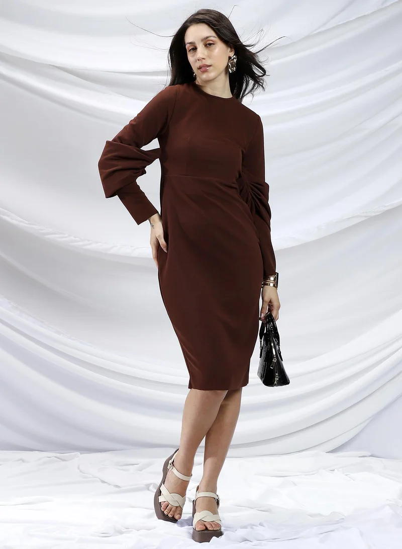 PINACOLADA Pinacolada Women's Chocolate Brown Off-Shoulder Bodycon Dress For Casual Wear | Crew Neck | Long Regular Sleeves | Zipper Closure | Dress Designed With Comfortable Fit For Woman & Girls