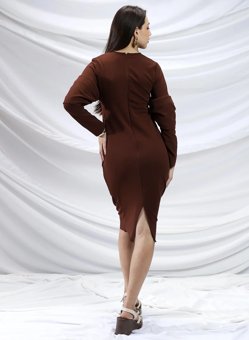 PINACOLADA Pinacolada Women's Chocolate Brown Off-Shoulder Bodycon Dress For Casual Wear | Crew Neck | Long Regular Sleeves | Zipper Closure | Dress Designed With Comfortable Fit For Woman & Girls