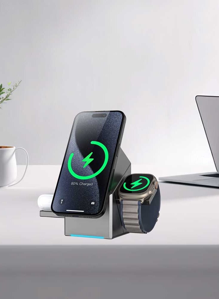 بوسيديان شاحن لاسلكي 3 في 1 بتصميم مغناطيسي منبثق | محطة شحن عالية التقنية تدور تلقائيًا | شحن سريع 15 وات متوافق مع iPhone وWatch وسماعات الأذن - Image 5
