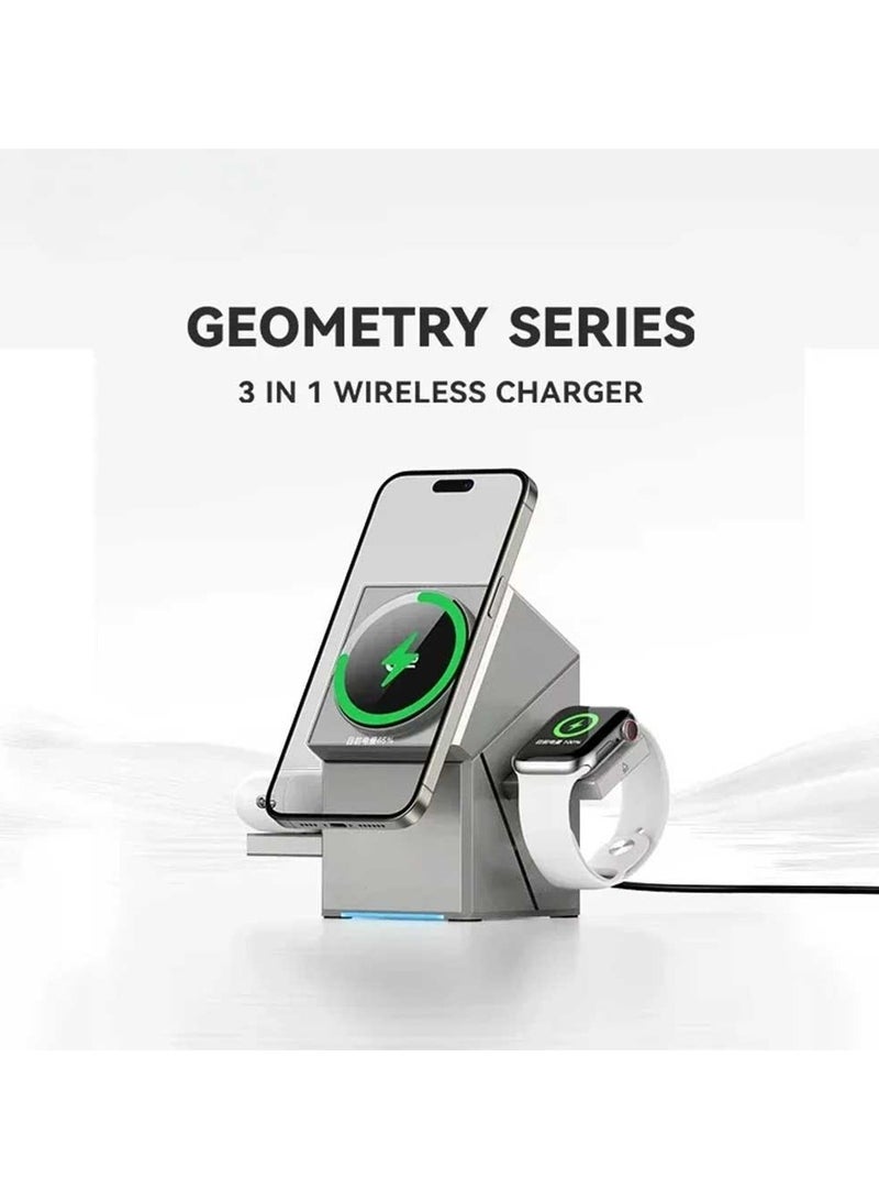 بوسيديان شاحن لاسلكي 3 في 1 بتصميم مغناطيسي منبثق | محطة شحن عالية التقنية تدور تلقائيًا | شحن سريع 15 وات متوافق مع iPhone وWatch وسماعات الأذن - Image 4