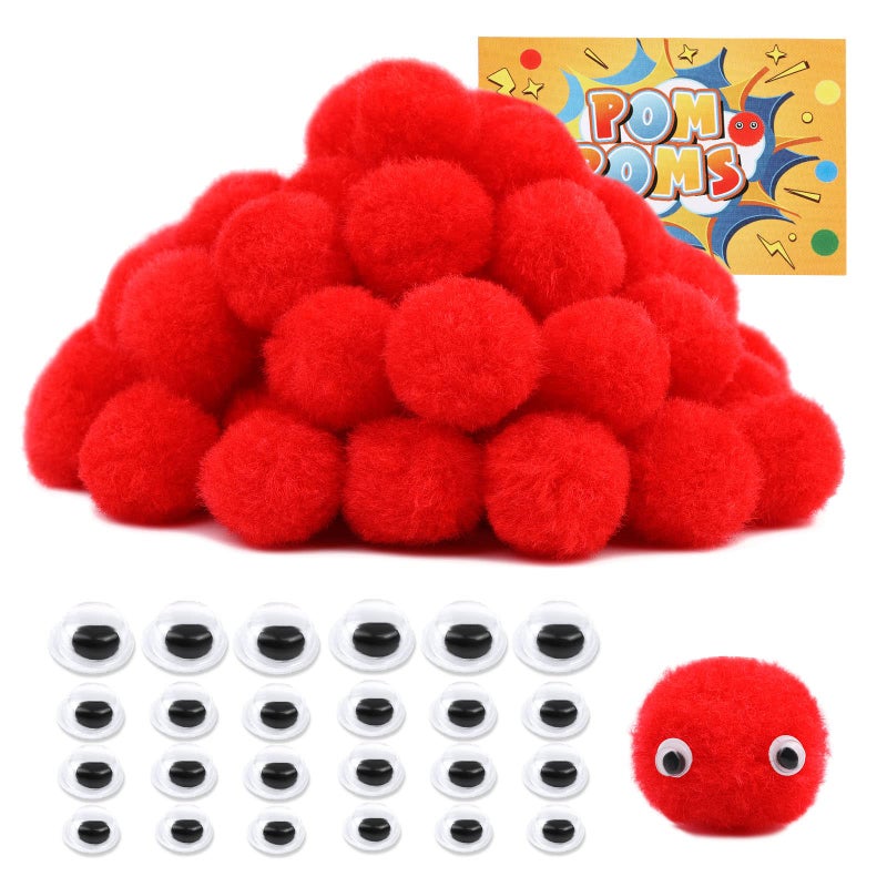 LOKUNN 1 Inch Pom Poms, Red Pom Poms for Arts and Craft, Soft and Fluffy Pom Pom Balls with Self-Adhesive Eyes, Pompoms for DIY Wedding Valentine's Day Party Decorations - Image 1