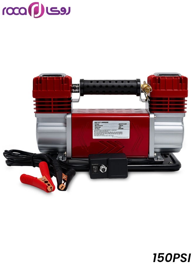 Roca Heavy Duty Dual Cylinder Air Compressor 150PSI 300LPM Portable Tire Inflator for Car SUV 4x4 Truck Bike Raft with Battery Clamps, Pressure Gauge Hose and Carry Bag DC12V - Image 1