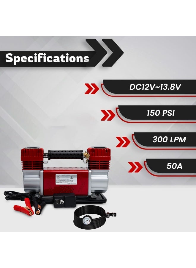 Roca Heavy Duty Dual Cylinder Air Compressor 150PSI 300LPM Portable Tire Inflator for Car SUV 4x4 Truck Bike Raft with Battery Clamps, Pressure Gauge Hose and Carry Bag DC12V - Image 3