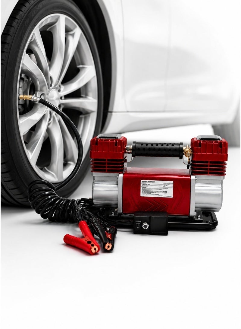 Roca Heavy Duty Dual Cylinder Air Compressor 150PSI 300LPM Portable Tire Inflator for Car SUV 4x4 Truck Bike Raft with Battery Clamps, Pressure Gauge Hose and Carry Bag DC12V - Image 1