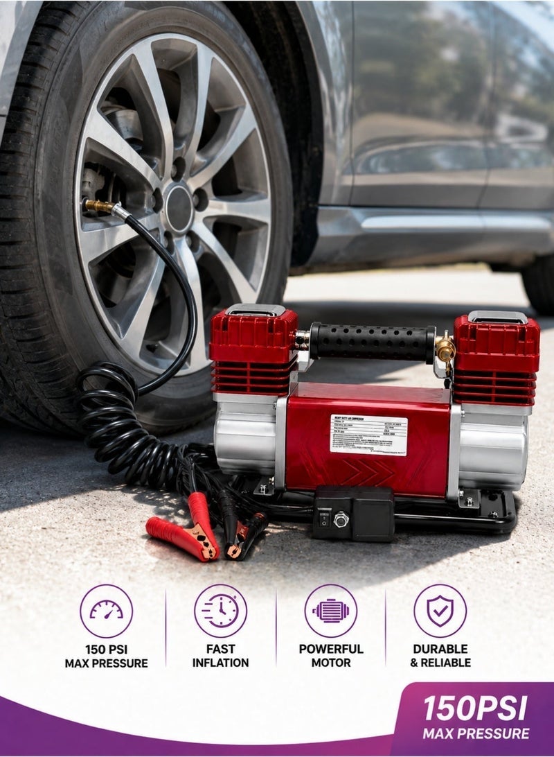 Roca Heavy Duty Dual Cylinder Air Compressor 150PSI 300LPM Portable Tire Inflator for Car SUV 4x4 Truck Bike Raft with Battery Clamps, Pressure Gauge Hose and Carry Bag DC12V - Image 2