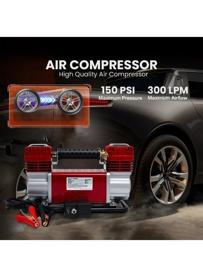 Roca Heavy Duty Dual Cylinder Air Compressor 150PSI 300LPM Portable Tire Inflator for Car SUV 4x4 Truck Bike Raft with Battery Clamps, Pressure Gauge Hose and Carry Bag DC12V - Image 3