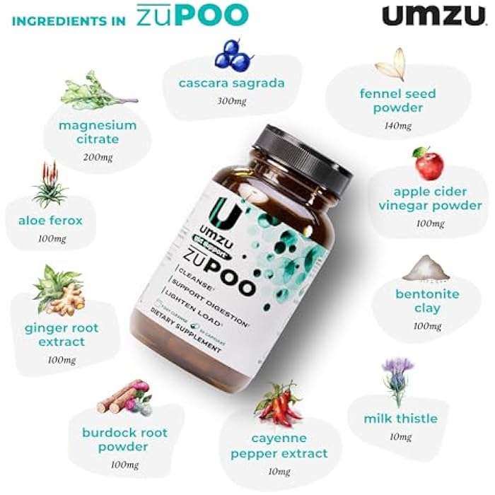 UMZU zuPOO تطهير الأمعاء، 30 كبسولة – تطهير طبيعي للقولون لمدة 7 أيام مع كاسكارا سagrada و سترات المغنيسيوم – مكمل تطهير نباتي، غير معدل وراثيًا، خالي من الغلوتين لدعم الأمعاء الصحية - Image 3