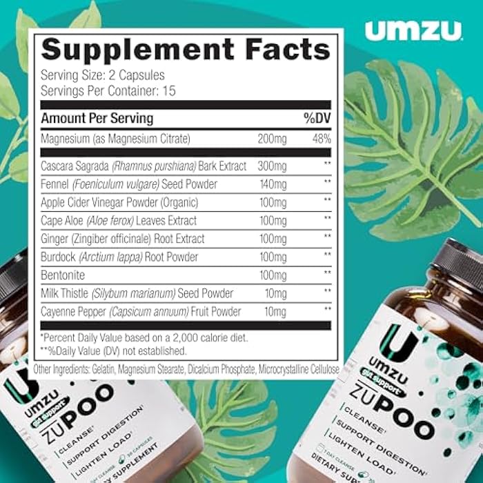 UMZU zuPOO تطهير الأمعاء، 30 كبسولة – تطهير طبيعي للقولون لمدة 7 أيام مع كاسكارا سagrada و سترات المغنيسيوم – مكمل تطهير نباتي، غير معدل وراثيًا، خالي من الغلوتين لدعم الأمعاء الصحية - Image 4