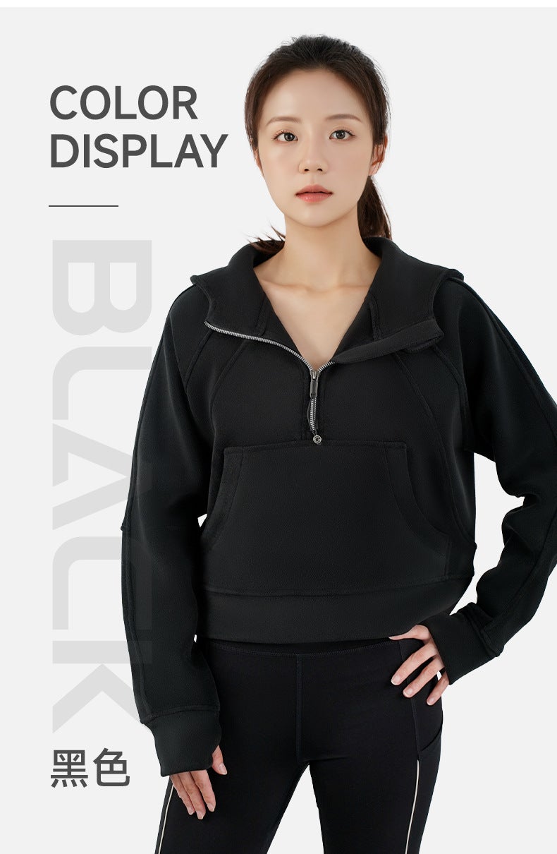Generic lulu autumn and winter sweater short hooded pullover yoga sweater half zipper Oli velvet sports sweater coat for women Black with cap
