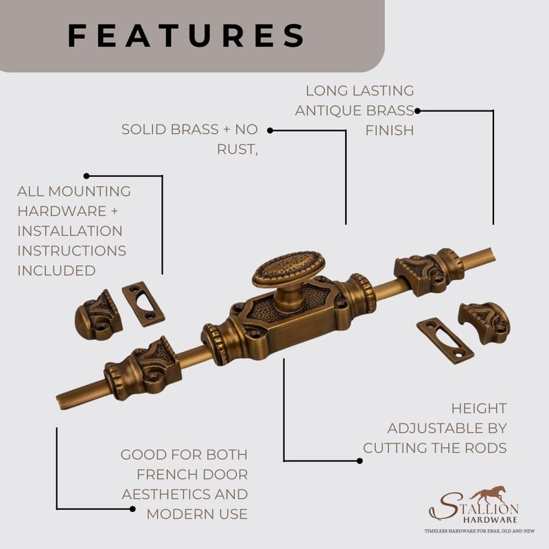 STALLION HARDWARE Antique Brass Cremone Bolt Set - Solid Brass Cabinet Hardware with 2' Rods & Handle, Perfect for Cabinets & Restoration Projects, Easy One-Side Operation for Timeless Charm - Image 2