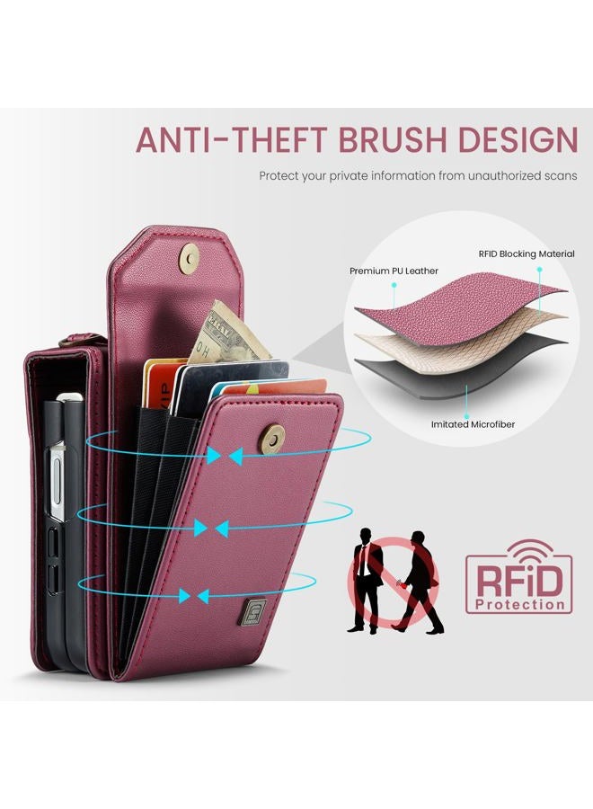 ASAPDOS Crossbody Case Compatible with Samsung Galaxy Z Flip 7,Retro PU Leather Strap Wristlet Flip Case with Magnetic Closure and Card Holder for Men Women Rose Red - Image 5