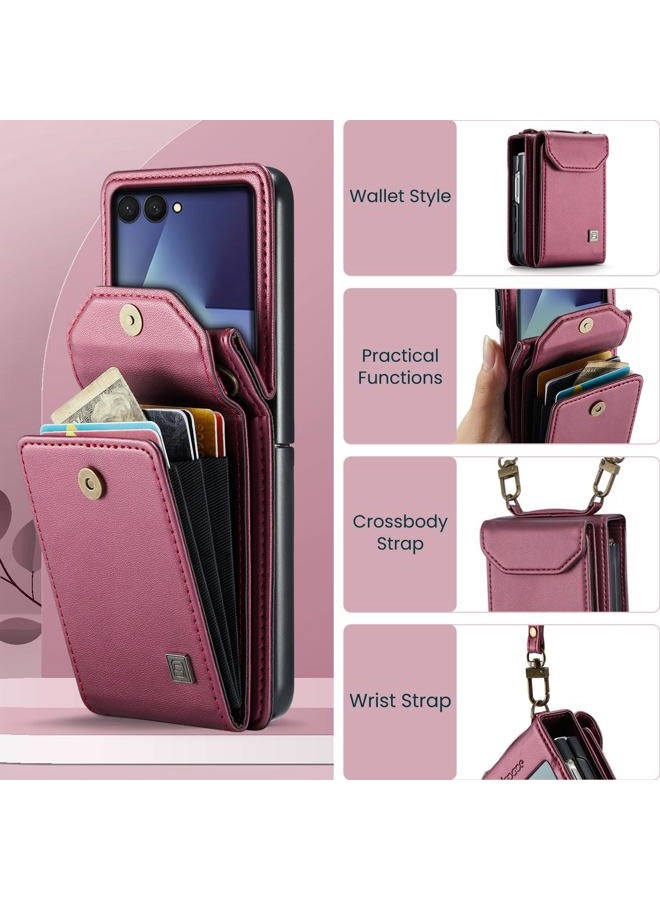 ASAPDOS Crossbody Case Compatible with Samsung Galaxy Z Flip 7,Retro PU Leather Strap Wristlet Flip Case with Magnetic Closure and Card Holder for Men Women Rose Red - Image 2