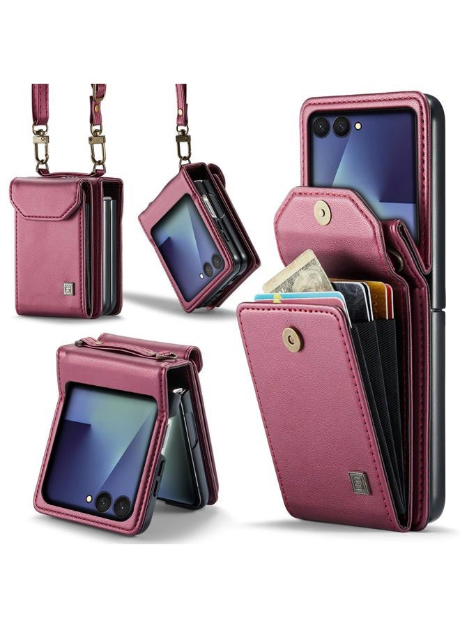 ASAPDOS Crossbody Case Compatible with Samsung Galaxy Z Flip 7,Retro PU Leather Strap Wristlet Flip Case with Magnetic Closure and Card Holder for Men Women Rose Red - Image 1