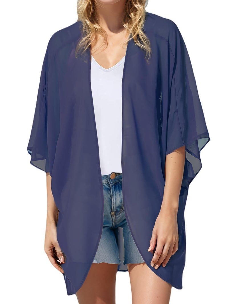 Moss Rose Women's Beach Kimono Coverup Sheer Chiffon Cover Ups, Casual Loose Open Front Cardigan Tops Solid Navy - Image 1