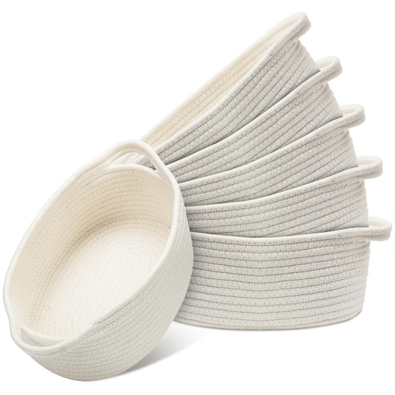 Suttmin 6 Pcs Small Woven Basket 12 x 8 x 5 Empty Gift Cotton Rope Storage Decorative Dog Cat Cute Oval Basket for Bedroom Living Room OrganizingWhite