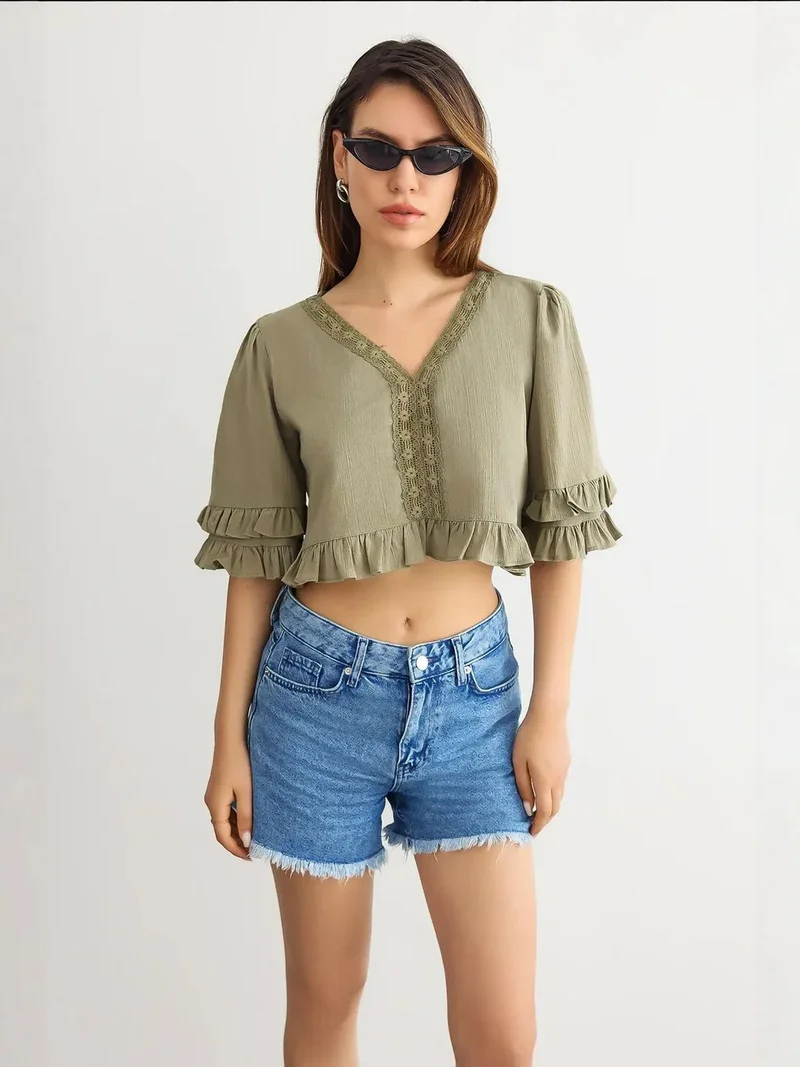 HICCUP Cropped V-Neck Ruffled Blouse