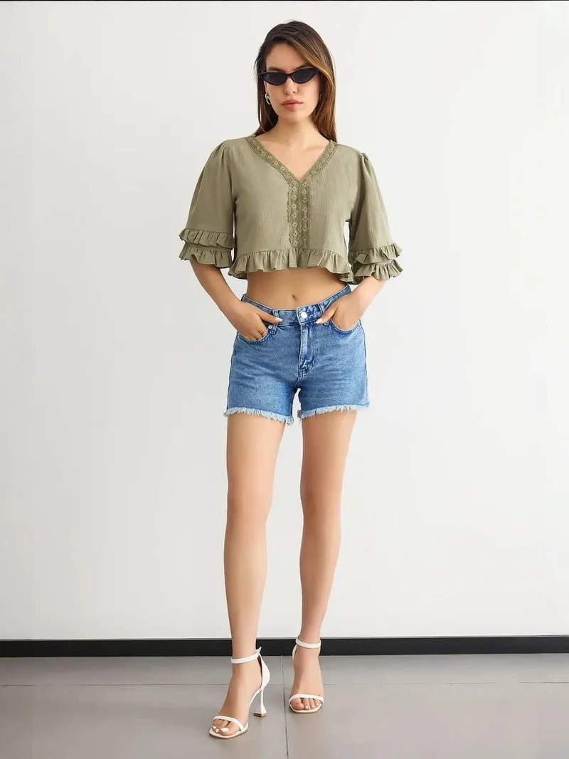 HICCUP Cropped V-Neck Ruffled Blouse
