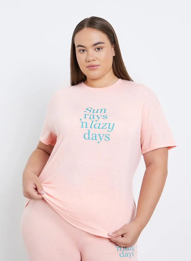 Styli Styli Plus Printed Dropped Shoulder T-Shirt and Pyjama Set