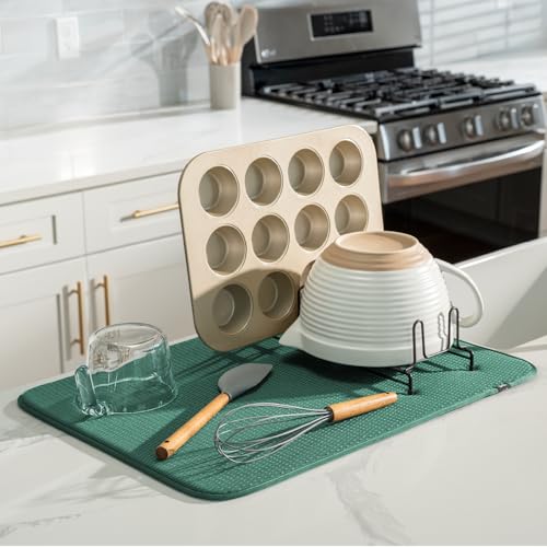 S&T INC. Dish Drying Mat XL, 18” x 24”, Absorbent Microfiber Kitchen Counter Mat, Drying Pad for Dishes, Utensils, Pots and Pans, Extra Large, Diamond Texture, Emerald Green - Image 2