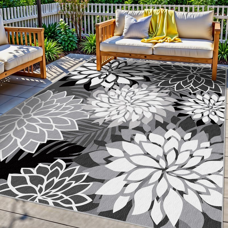 Arenarug 8x10 Outdoor Area Rug Washable Multicolored Patio Rug Tropical Botanical Floral Chenille Waterproof Outdoor Carpet Non-Slip for Deck, Backyard, Porch, Black - Image 1