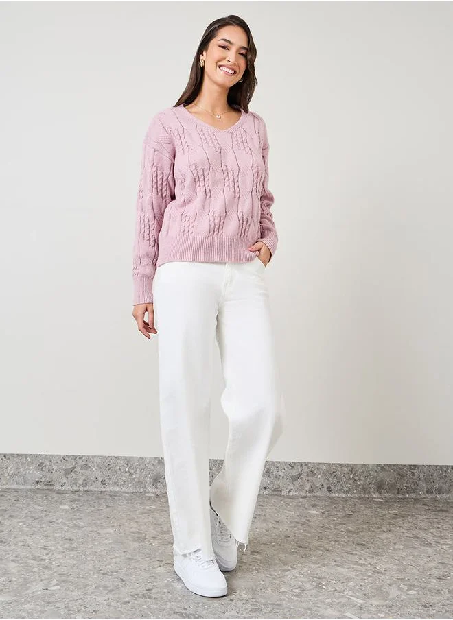 Styli Solid V Neck Cable Knit Sweater