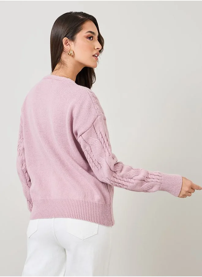Styli Solid V Neck Cable Knit Sweater
