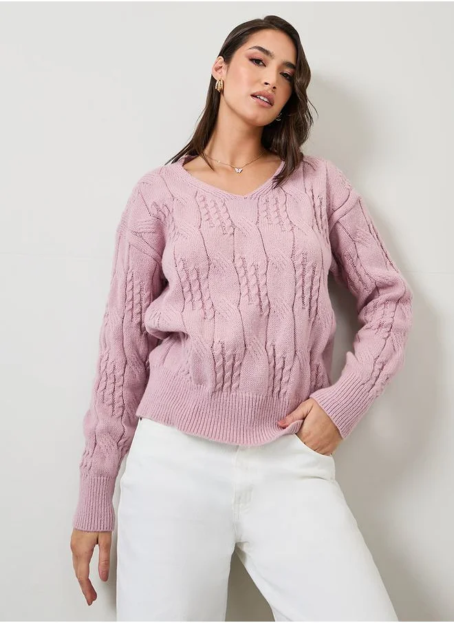 Styli Solid V Neck Cable Knit Sweater