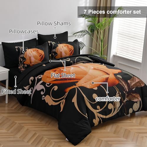 Xruibed Floral Comforter Set Queen 7 Piece Bed in a Bag Orange Rose Flower Comforter with Sheet Set Soft Micorfiber Bedding Set (1 Comforter,2 Pillow Shams,1 Flat Sheet,1 Fitted Sheet,2 Pillowcases) - Image 2