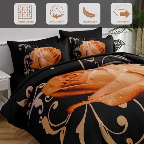 Xruibed Floral Comforter Set Queen 7 Piece Bed in a Bag Orange Rose Flower Comforter with Sheet Set Soft Micorfiber Bedding Set (1 Comforter,2 Pillow Shams,1 Flat Sheet,1 Fitted Sheet,2 Pillowcases) - Image 4