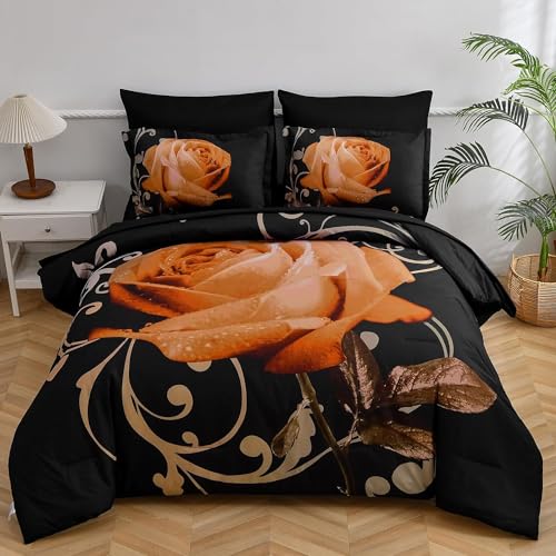 Xruibed Floral Comforter Set Queen 7 Piece Bed in a Bag Orange Rose Flower Comforter with Sheet Set Soft Micorfiber Bedding Set (1 Comforter,2 Pillow Shams,1 Flat Sheet,1 Fitted Sheet,2 Pillowcases) - Image 1