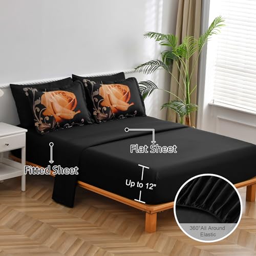 Xruibed Floral Comforter Set Queen 7 Piece Bed in a Bag Orange Rose Flower Comforter with Sheet Set Soft Micorfiber Bedding Set (1 Comforter,2 Pillow Shams,1 Flat Sheet,1 Fitted Sheet,2 Pillowcases) - Image 3