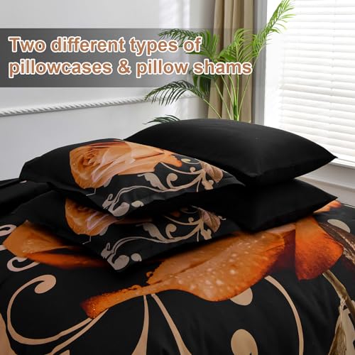 Xruibed Floral Comforter Set Queen 7 Piece Bed in a Bag Orange Rose Flower Comforter with Sheet Set Soft Micorfiber Bedding Set (1 Comforter,2 Pillow Shams,1 Flat Sheet,1 Fitted Sheet,2 Pillowcases) - Image 5