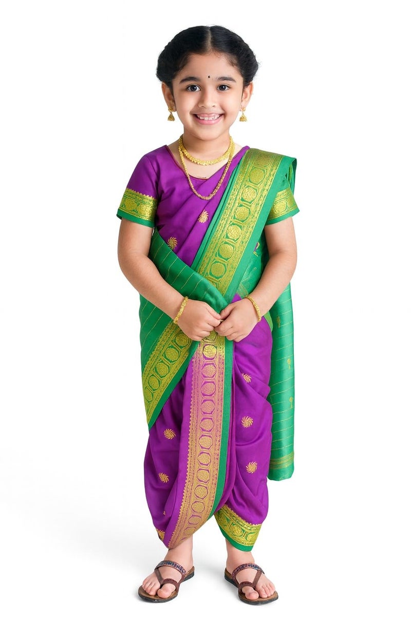 mylilprincess My Lil Princess Girls Ready to Wear Nauwari Saree with Blouse – Traditional Maharashtrian Costume for Festivals & School Functions (4–10 Years) - Image 4
