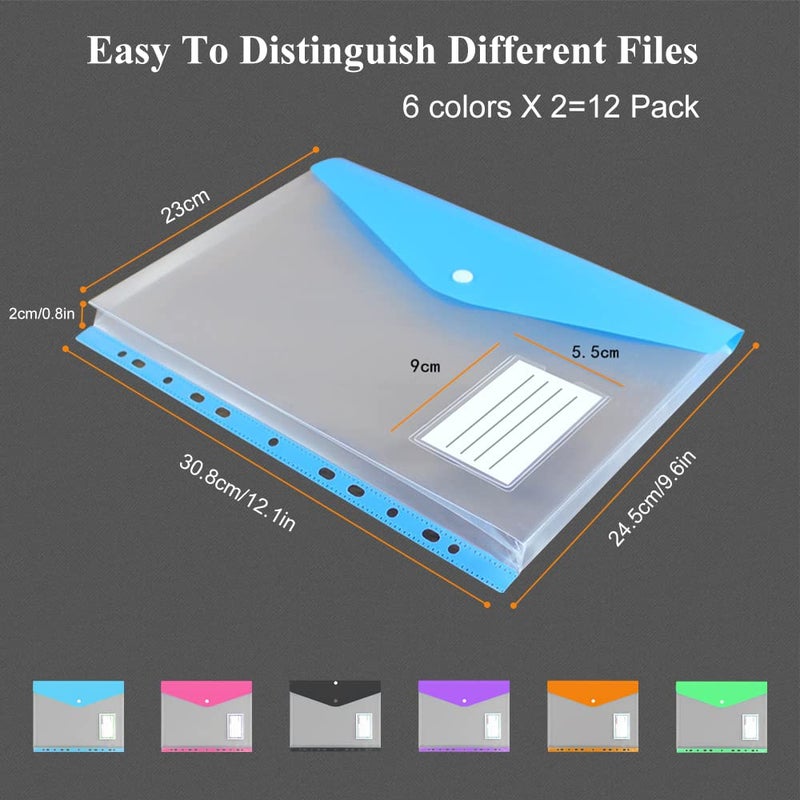 Surcotto 12 Pack Plastic Envelopes Binder Pocket 11 Holes Expandable Binder Folders for 2/3/4 Ring Document Pouch with Snap Button & Label Loose-Leaf Transparent for School Home Office (Side-Opening) - Image 3