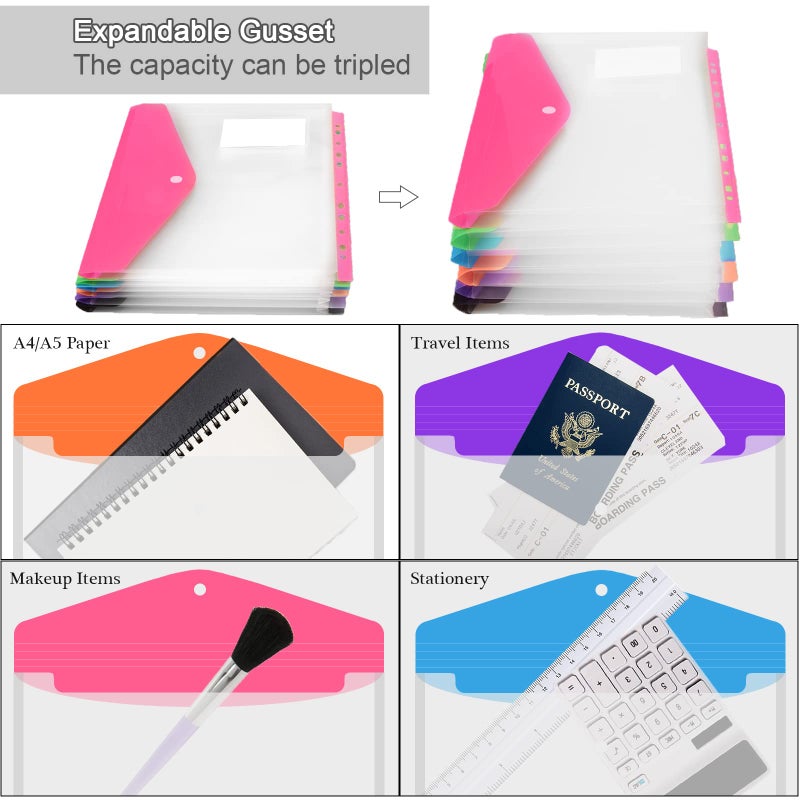 Surcotto 12 Pack Plastic Envelopes Binder Pocket 11 Holes Expandable Binder Folders for 2/3/4 Ring Document Pouch with Snap Button & Label Loose-Leaf Transparent for School Home Office (Side-Opening) - Image 2