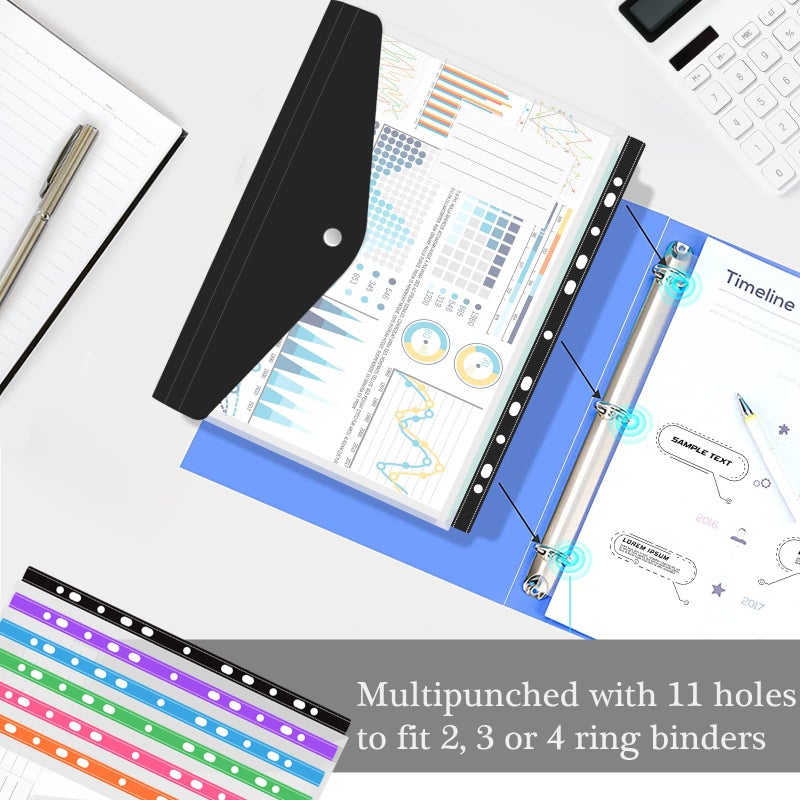 Surcotto 12 Pack Plastic Envelopes Binder Pocket 11 Holes Expandable Binder Folders for 2/3/4 Ring Document Pouch with Snap Button & Label Loose-Leaf Transparent for School Home Office (Side-Opening) - Image 5
