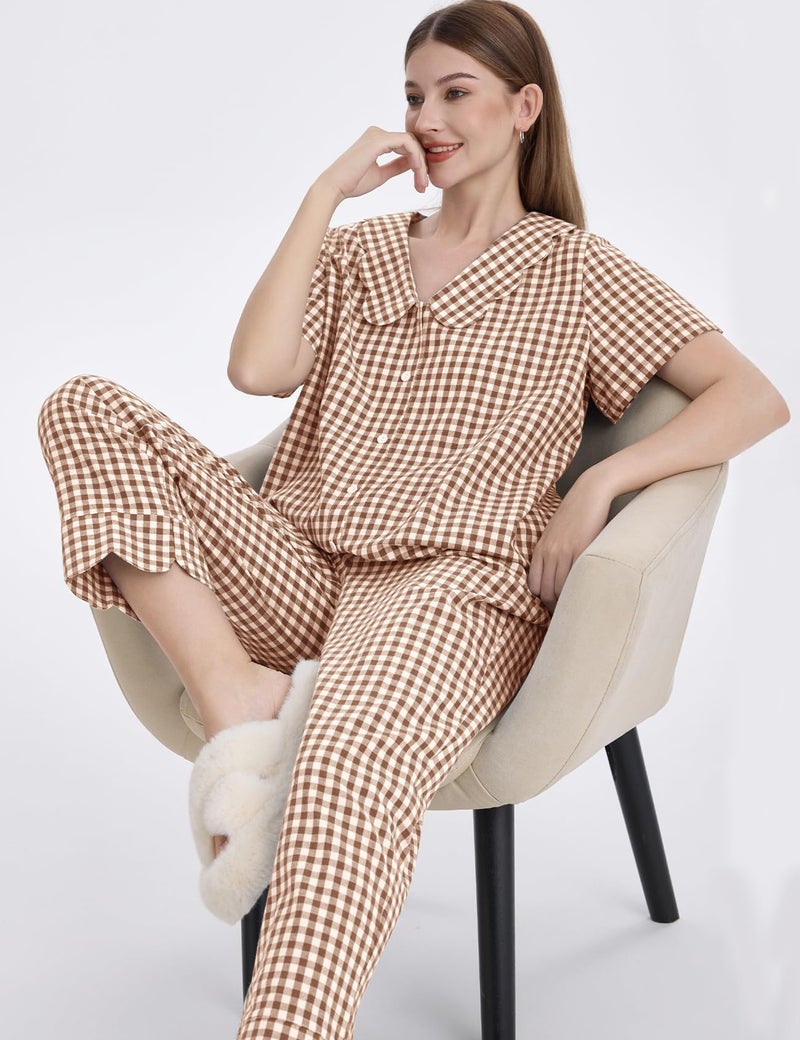 Flygo Womens Gingham Pajamas Set Cotton 2 Piece Pj Set Scalloped Collar Babydoll Shirt Pants Plaid Y2K Lounge Sets(Brown-S) - Image 5