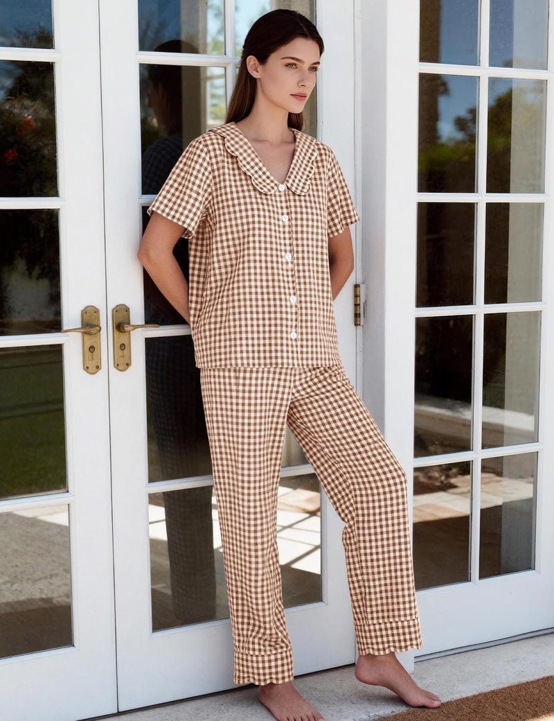 Flygo Womens Gingham Pajamas Set Cotton 2 Piece Pj Set Scalloped Collar Babydoll Shirt Pants Plaid Y2K Lounge Sets(Brown-S) - Image 3