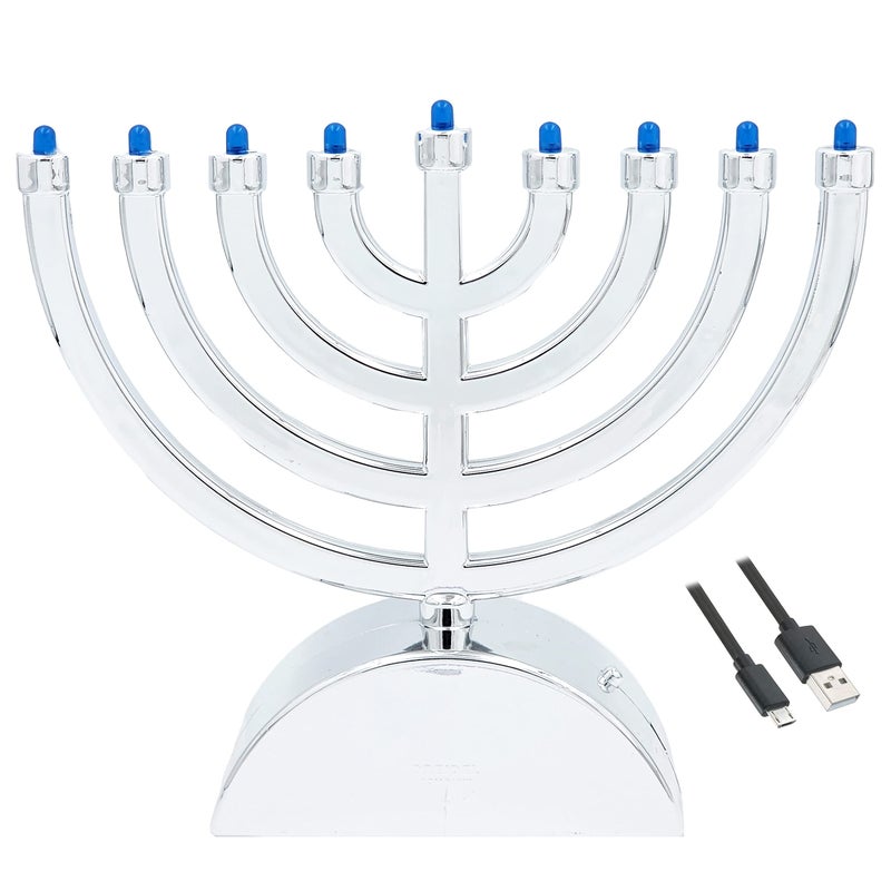 The Dreidel Company Mini Electric Classic Menorah Classic Hanukkah Menorah LED Travel Batteries or USB Powered Micro USB 4 Cable Included Silver Shiny