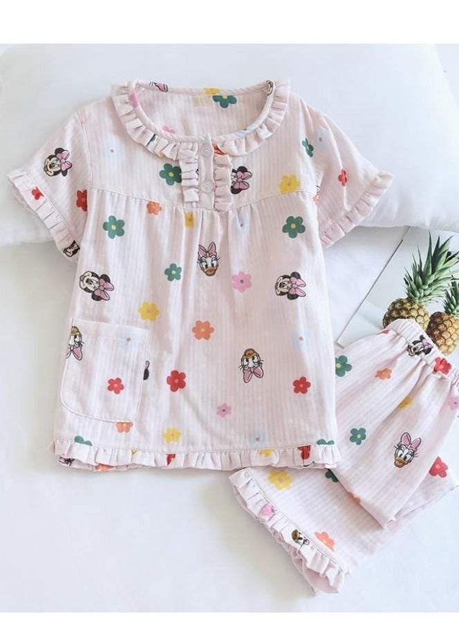 Disney Children's Pure Cotton Gauze Cute Short Sleeved Seven Quarter Pants Home Clothes Pajama Set - Image 1