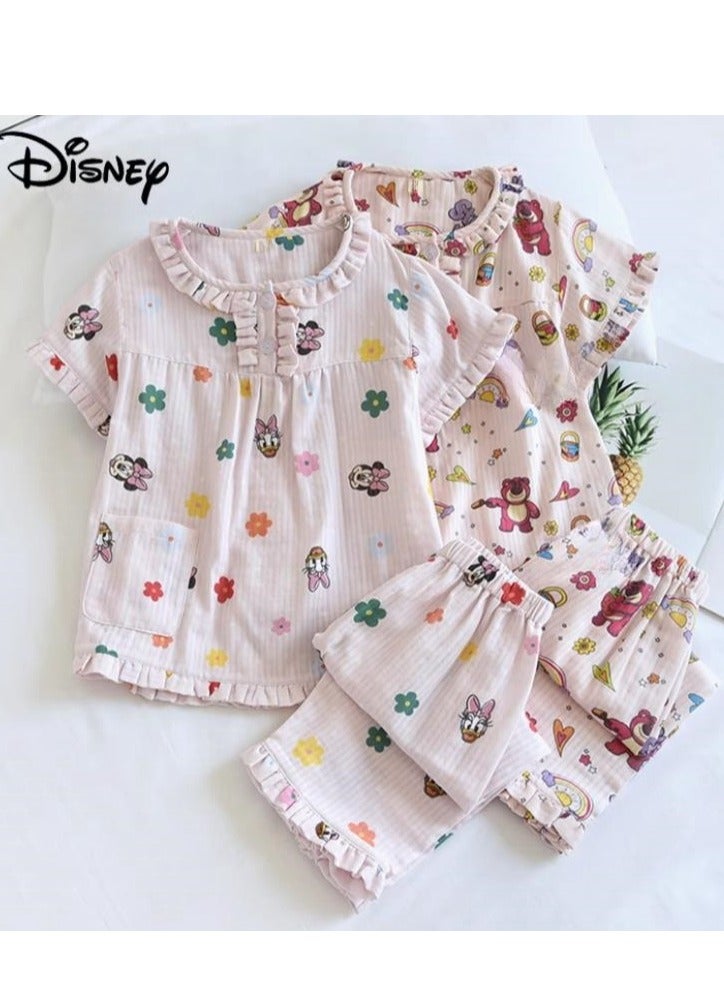 Disney Children's Pure Cotton Gauze Cute Short Sleeved Seven Quarter Pants Home Clothes Pajama Set - Image 4