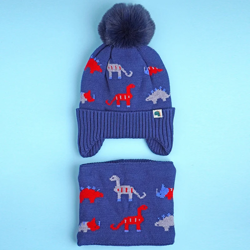 LITTLE SURPRISE BOX 2Pcs Blue & Red Dino Themed Beanie Winter Cap With Matching Neck Cuff Style Muffler For Kids
