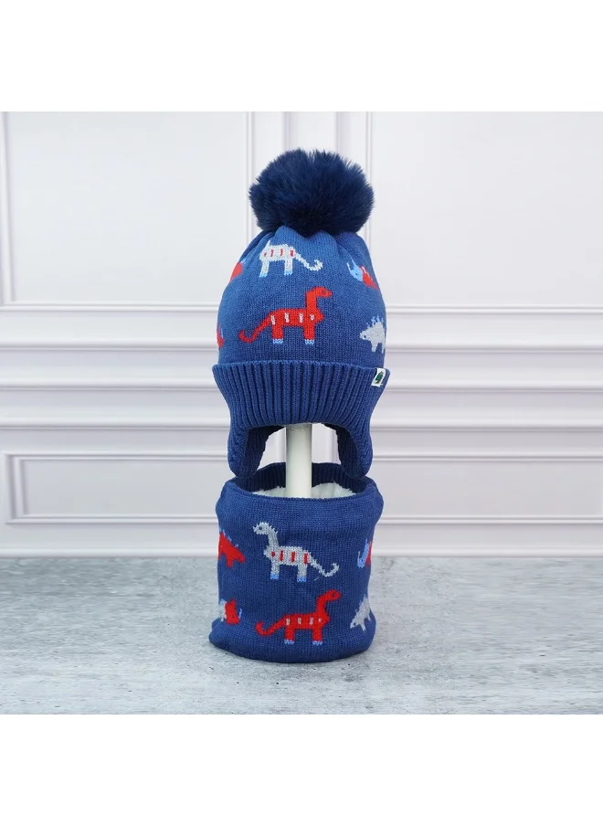 LITTLE SURPRISE BOX 2Pcs Blue & Red Dino Themed Beanie Winter Cap With Matching Neck Cuff Style Muffler For Kids