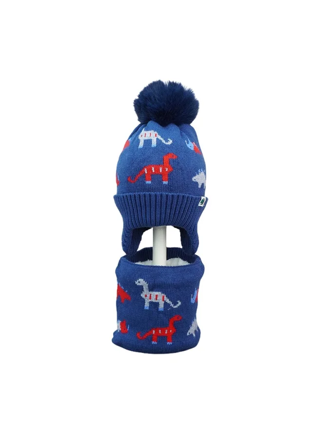 LITTLE SURPRISE BOX 2Pcs Blue & Red Dino Themed Beanie Winter Cap With Matching Neck Cuff Style Muffler For Kids