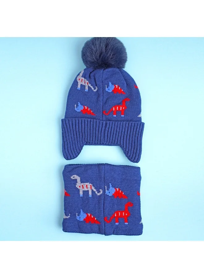 LITTLE SURPRISE BOX 2Pcs Blue & Red Dino Themed Beanie Winter Cap With Matching Neck Cuff Style Muffler For Kids